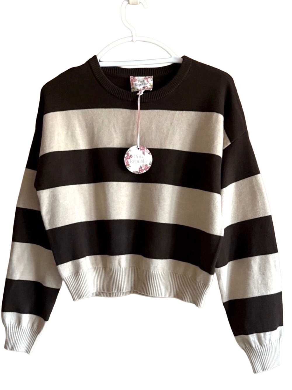Pink Republic Striped Crewneck Sweater Brown/ Latte Long Sleeve Women’s Sm NWT